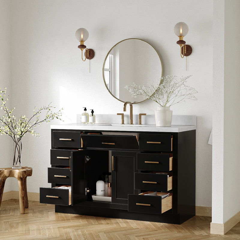 Meuble-lavabo simple en bois massif 54 po Tidworth avec lavabo en quartz Carrara 1,5 po, Forme rectangulaire