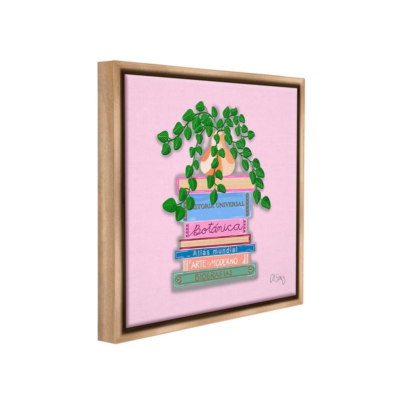 " Bookstack with Plant Vase " Print, Montalcino Elm Floater Frame, 18" H x 18" W