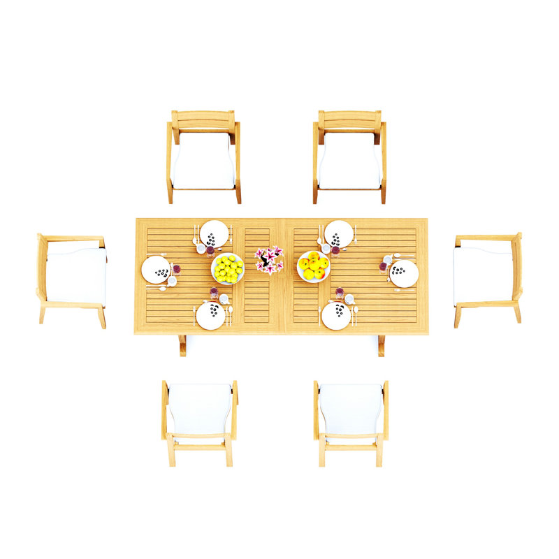 7 Pcs Grade-A Teak Wood Dining Set: 94" Double Extension Mas Rectangle Trestle Leg  Table And Vellore Stacking Arm Chairs #11VL2106