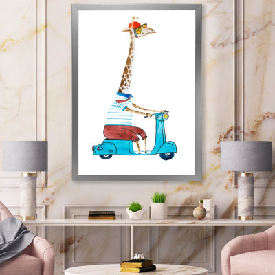 " Giraffe Dressed Up Wearing Helmet And Riding Scooter " Painting Print