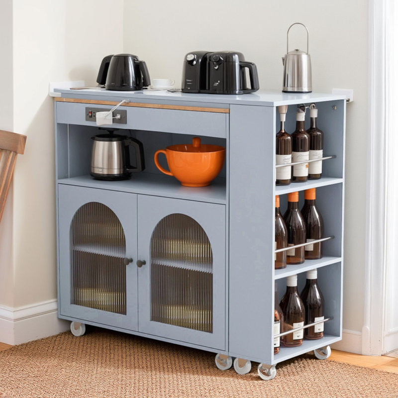 Grey Rolling Kitchen Island With Extension Table, Led Lighting, Power Sockets, 2 Recessed Glass Doors, Storage Compartments And 3 Open Shelves On The Sides