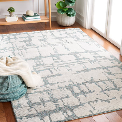 Martha Stewart Hand Tufted Wool/Cotton Abstract Rug in Teal/Ivory
