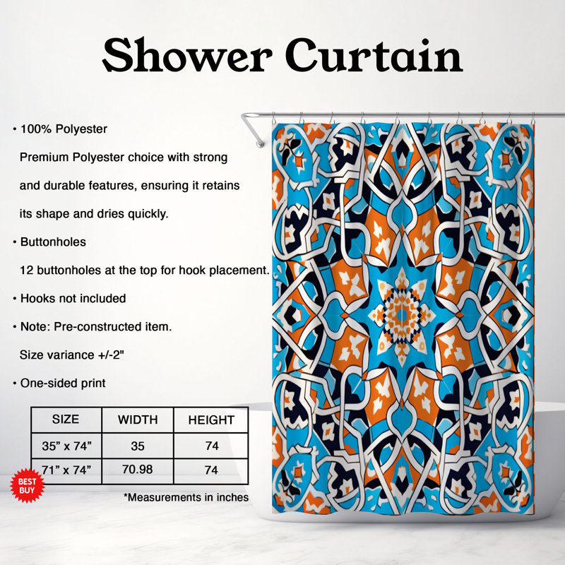 Rideaux de douche standard arabes 1 pièce, H 74 po x l 71 po