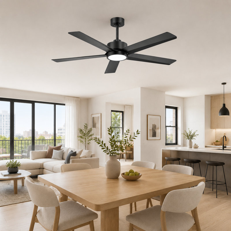 Ventilateur de plafond noir moderne à 5 pales de 52 po avec lumière DEL 3CCT et télécommande, moteur CC réversible à 6 vitesses