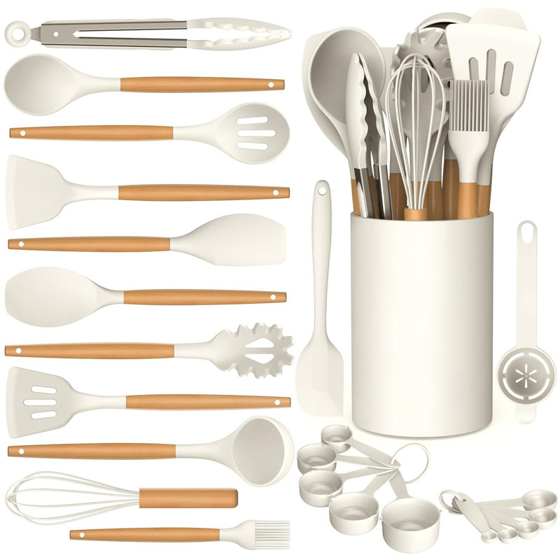 Ensemble d'ustensiles de cuisine en silicone, ustensiles de silicone pour la cuisson, Blanc, crème