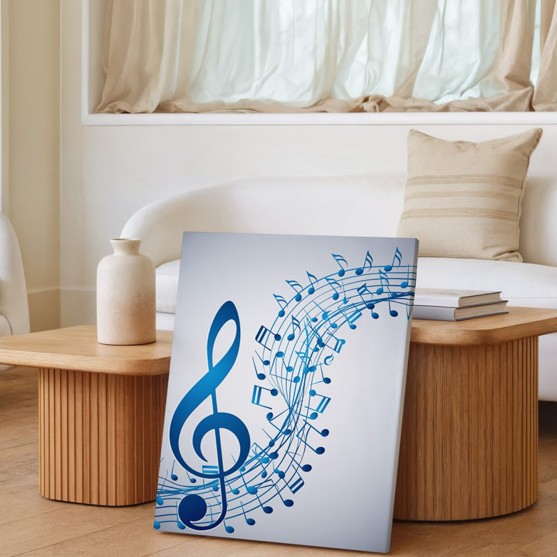 La toile crée une illustration abstraite mettant en vedette une vague de notes d'art musicales dans différentes nuances de bleu
