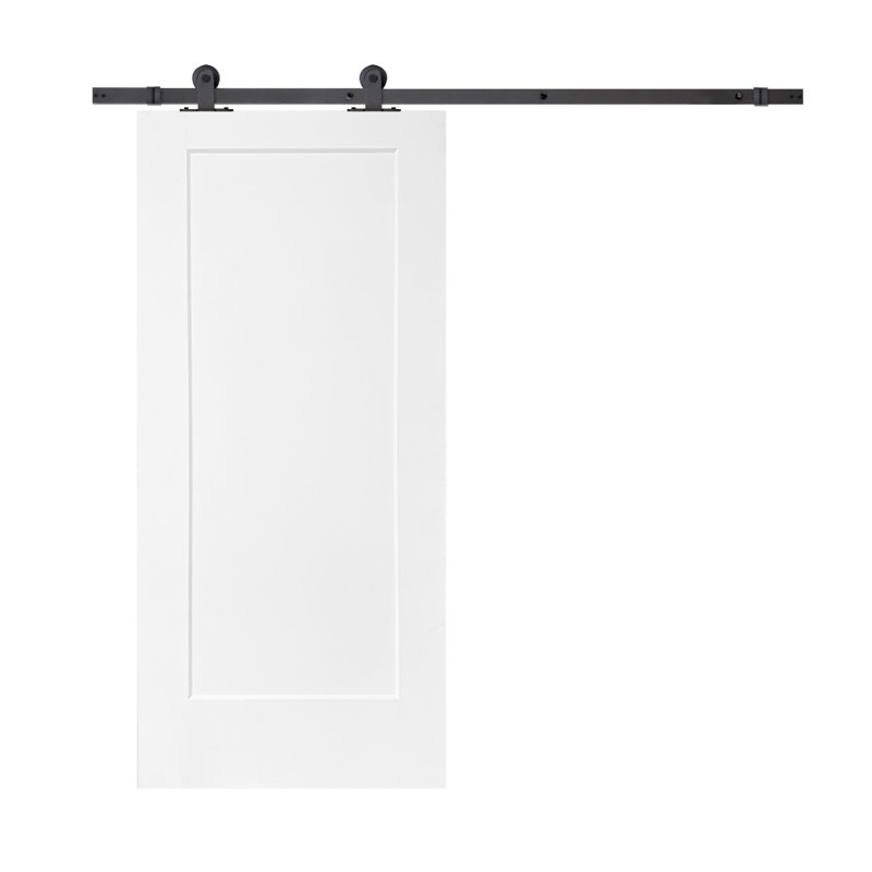 Porte de grange coulissante intérieure lambrissée en bois et métal apprêtée avec trousse de quincaillerie d'installation