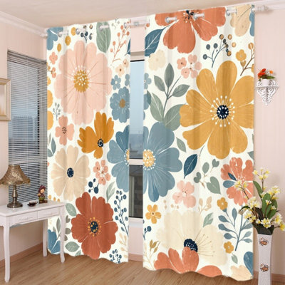 2PCS Grommet Blackout Curtains, Bohemian Vintage Floral Printed Polyester Drapes, Thermal Insulated Privacy Protection Window Curtains for Living Room Bedroom Balcony Indoor Home Decor