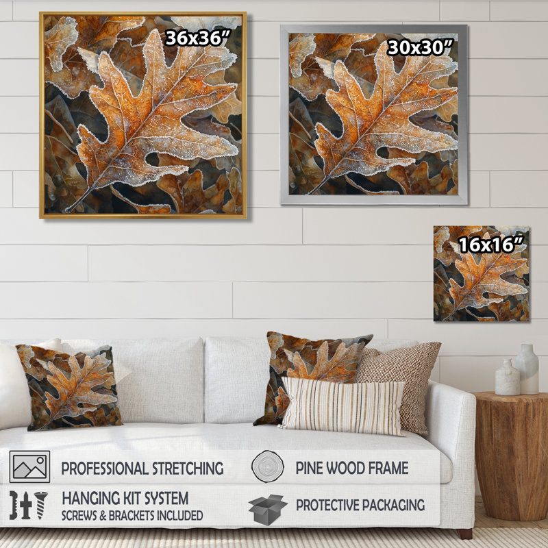 Frosty Oak Leaf II - feuilles, art mural, H 16 po x l 16 po, Impression encadrée flottante, Noir, noir, noir, noir