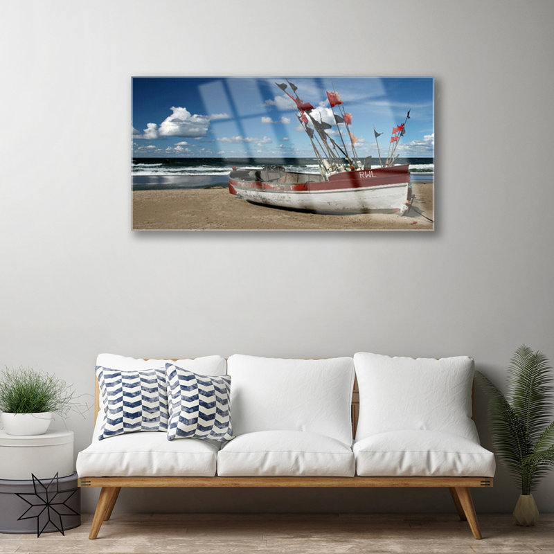 Landscape Sea Beach Boat - No Frame Print on Glass