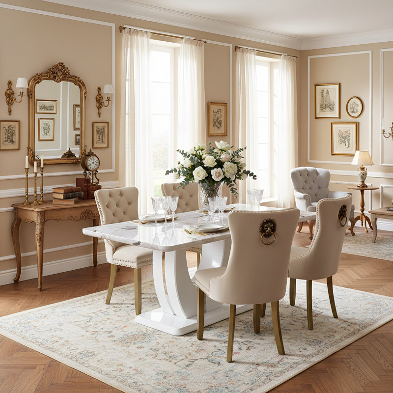 5-Piece Modern 63" Rectangular Faux Marble Dining Set with upholstered Tufted Velvet Chairs, Beige