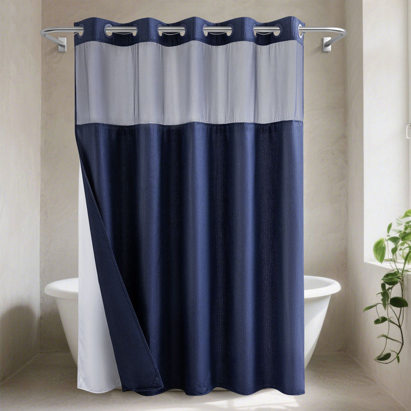 No Hook Embossed Shower Curtain With Snap-In Liner, Navy