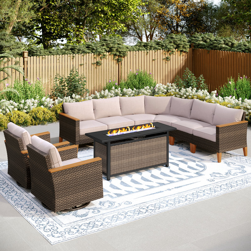 Argyri Outdoor Wicker Patio Conversation Furniture Set With Swivel Chairs And Firepit Table
