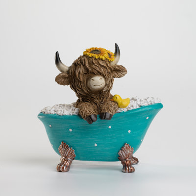 Resin Highland Cow in Bathtub Figurine