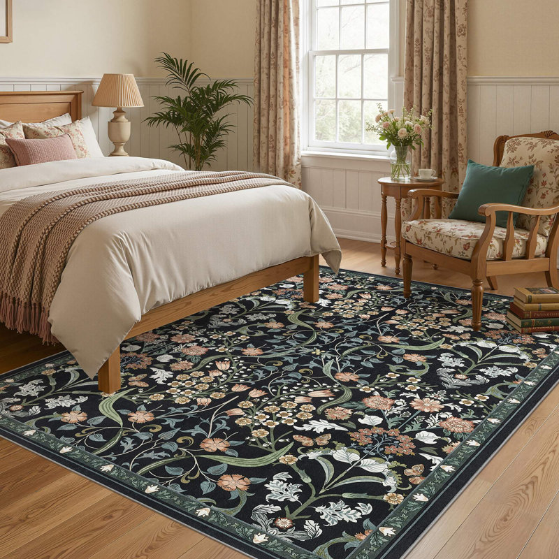 Farmhouse Floral  Area Rug Washable with Non-Slip for Playroom Living Room Bedroom -Black, Rectangle 5' x 7', Black