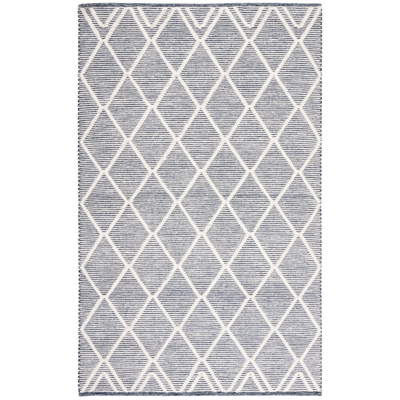 Tapis géométrique en laine et en coton tissé à la main jacquard ivoire / bleu marine, Carré 6 pi