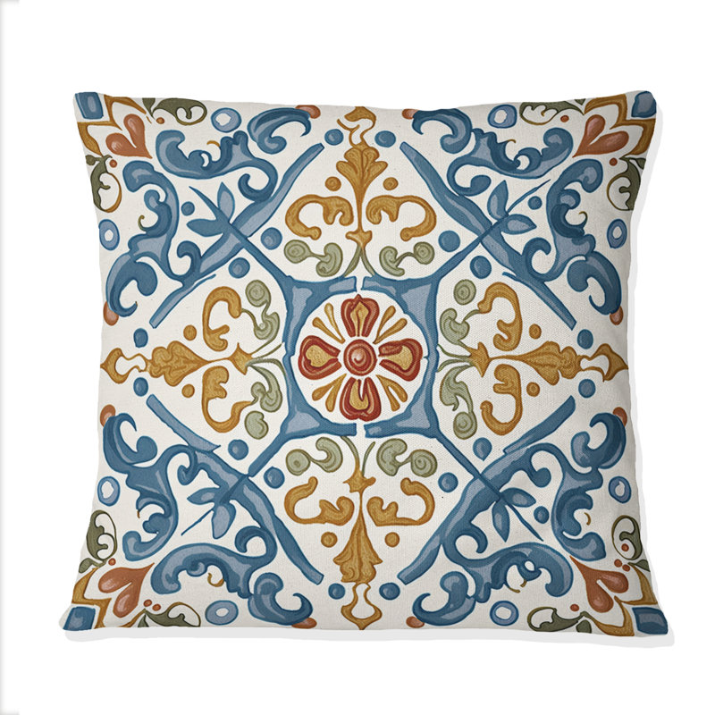 Mediterranean Tiles In Retro Blue V - Abstract Tile Printed Throw Pillow
