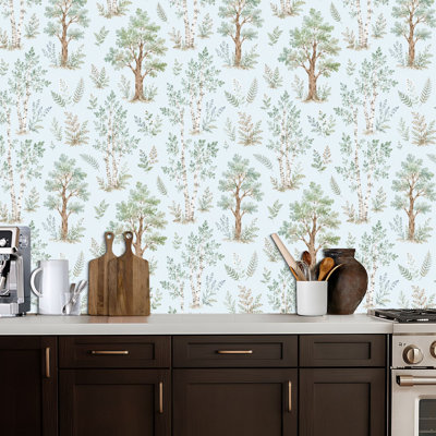 Papier peint autocollant et amovible à motif aquarelle féerique, motif forêt verte, imperméable, pour chambre, salon ou cuisine, 44,5 x 300 cm (17,5 x 118 pouces).