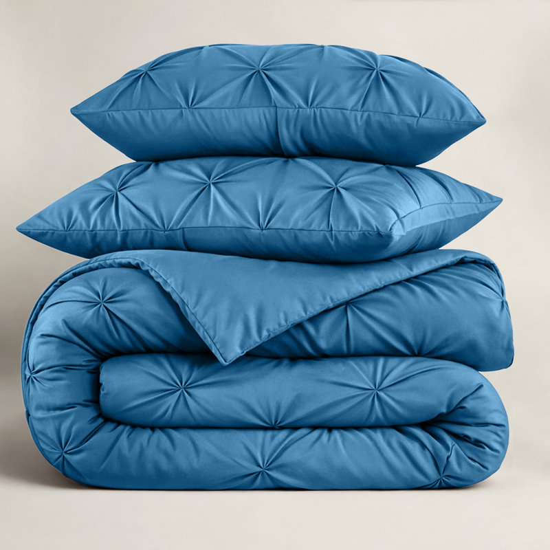 Luxury Brushed Microfiber Pintuck Duvet Cover Set - Soft, Wrinkle-Resistant, All-Season Bedding, Washed Blue