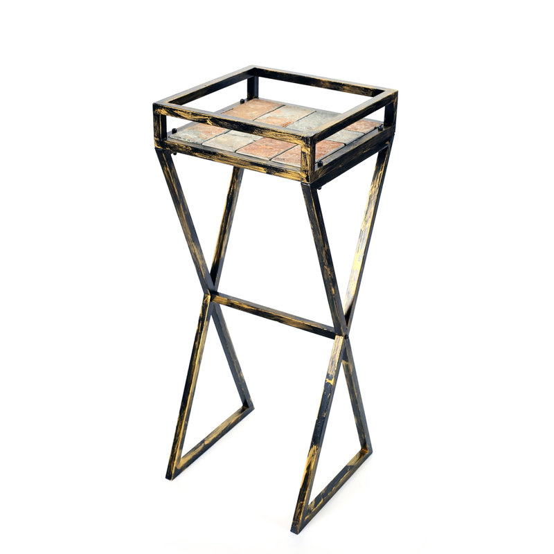 Support pour plante 35,5 po avec dalle de pierre grise - pieds en métal noir / or, poids de 13,89 lb au look rustique