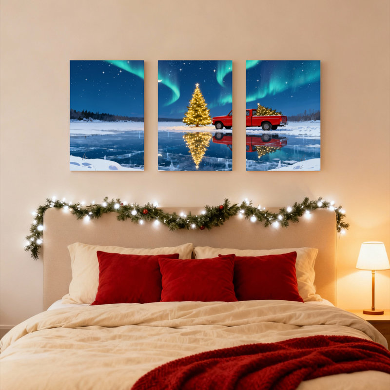 «Northern Lights» arbre de Noël et camion rouge sur toile tendue, ensemble de 3 reproductions d'art, H 36 po x l 72 po