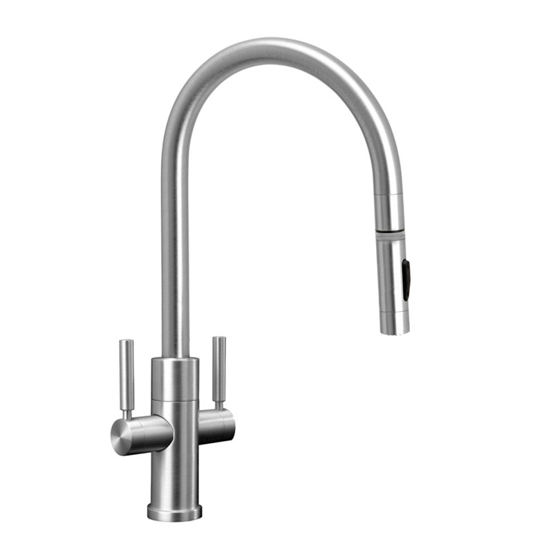Modern 2 Handle Plp Pulldown Faucet - Angled Spout - Toggle Sprayer, Satin Nickel