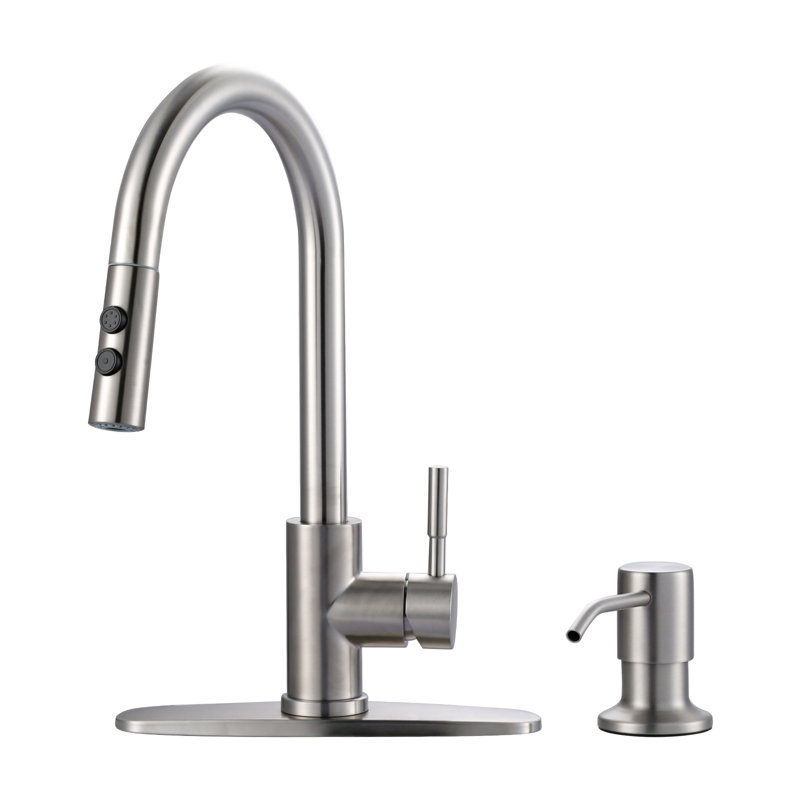 Single Handle Pull Down Sprayer Kitchen Faucet with Soap Dispenser and Deck plate in Matte Black, Brushed Nickel