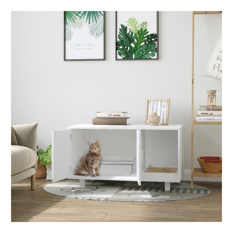 Enceinte et litière en bois pour chat, salle de bain cachée pour chat, avec table de bout, grattoir et portes magnétiques, blanc