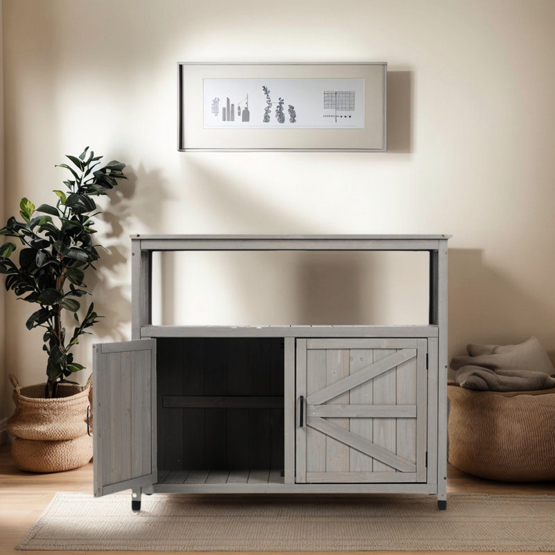 Armoire de patio en bois de sapin massif avec table de bar intérieure grise, conception à lattes élégante pour un look élégant, rangement pour grands outils, buffet, outils de rangement spacieux, multi -