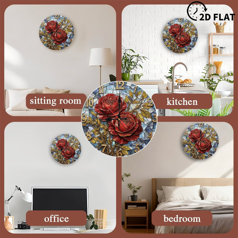 Red Roses Golden Leaves Mosaic Clock