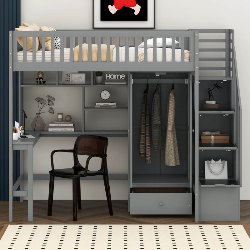 Imantas Kids Twin Loft Bed with Drawers, Gray