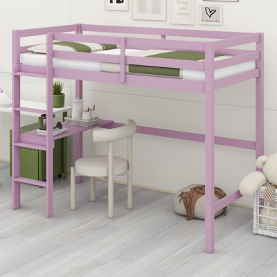 High Wood Loft Bed, With Safety Guardrail, Built-In Desk, Ladder