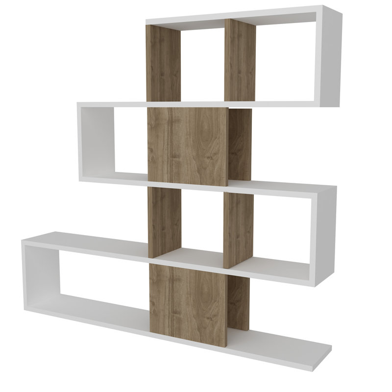Modern Wall-Mounted Bookshelf, White & Walnut | 100% Melamine Coated Particle Board, 47.2 x 42.9 x 7.7 inches | Numerous Shelves, Top Shelf 23.6 inches Wide, 11.3 inches Shelf Height | Stylish Storage Solution for Home & Office