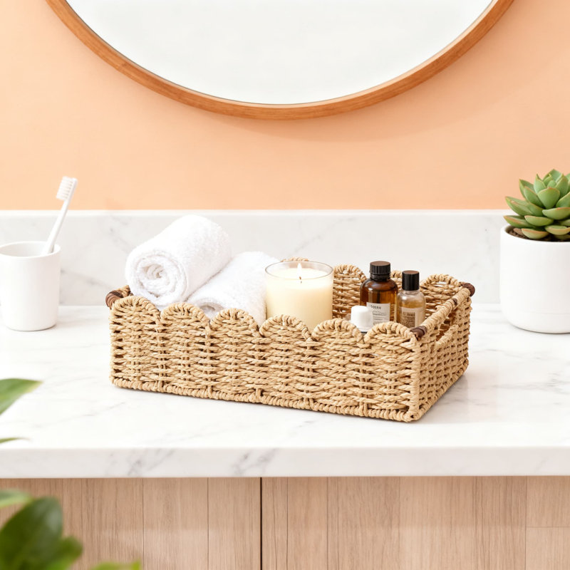 Woven Toilet Paper Storage Basket With Handles, Multi-Purpose Bathroom Counter Organizer For Bedroom, Nursery, And Kitchen Decor