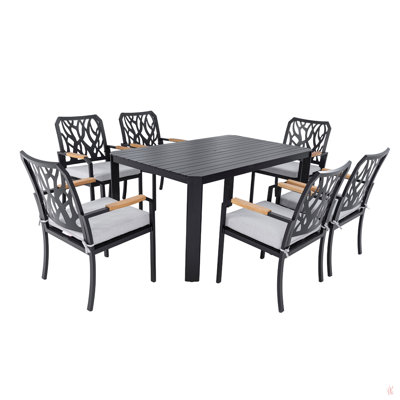Ensemble de mobilier de patio extérieur en aluminium, avec 4 chaises de salle à manger / chaises berçantes pivotantes rembourrées en tissu Sunbrella, dossier en forme de branche inspiré de la nature, table rectangulaire avec trou pour parasol, Burbon