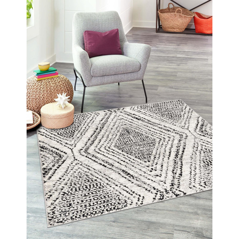 Tapis noir / blanc Penelope, Carré 5 pi 3 po