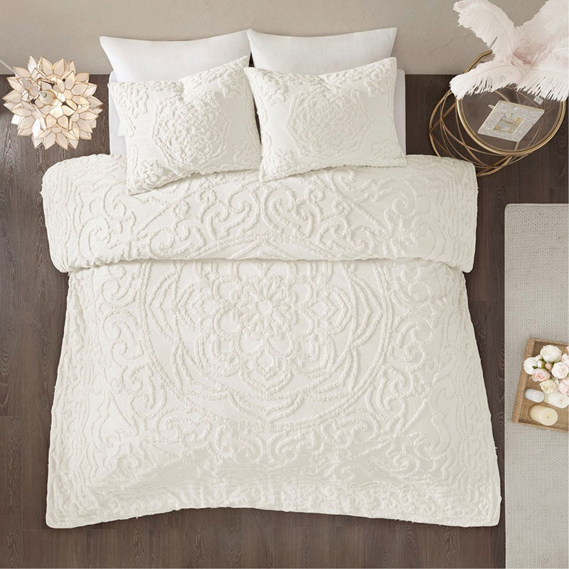 Ensemble d'édredon en coton chenille 2 pièces, simple et simple TG, blanc cassé