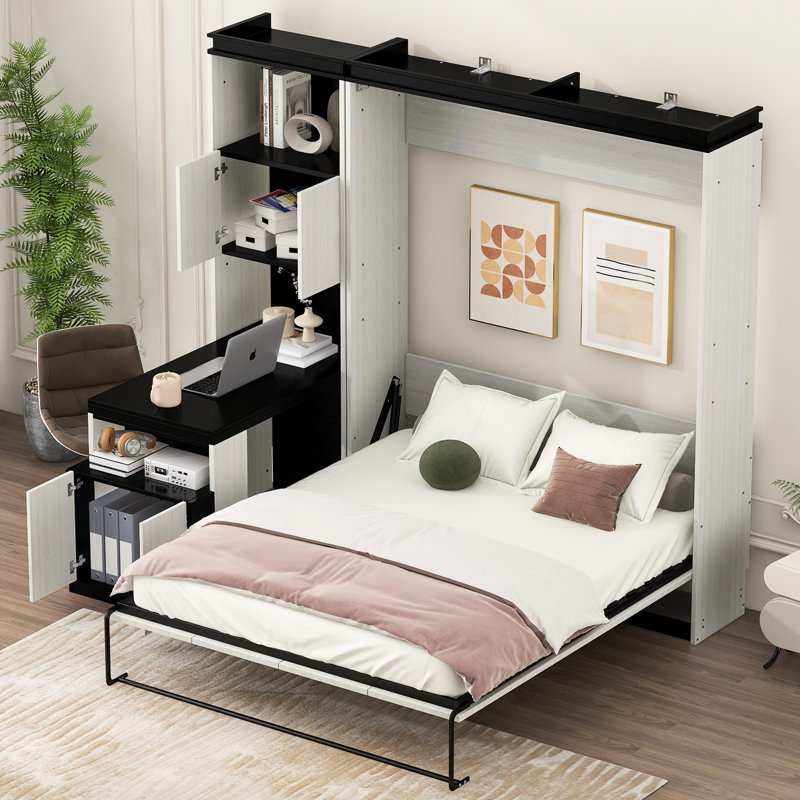 Lit double avec bureau et rangement noir et blanc pour la décoration de la chambre à coucher, noir et blanc