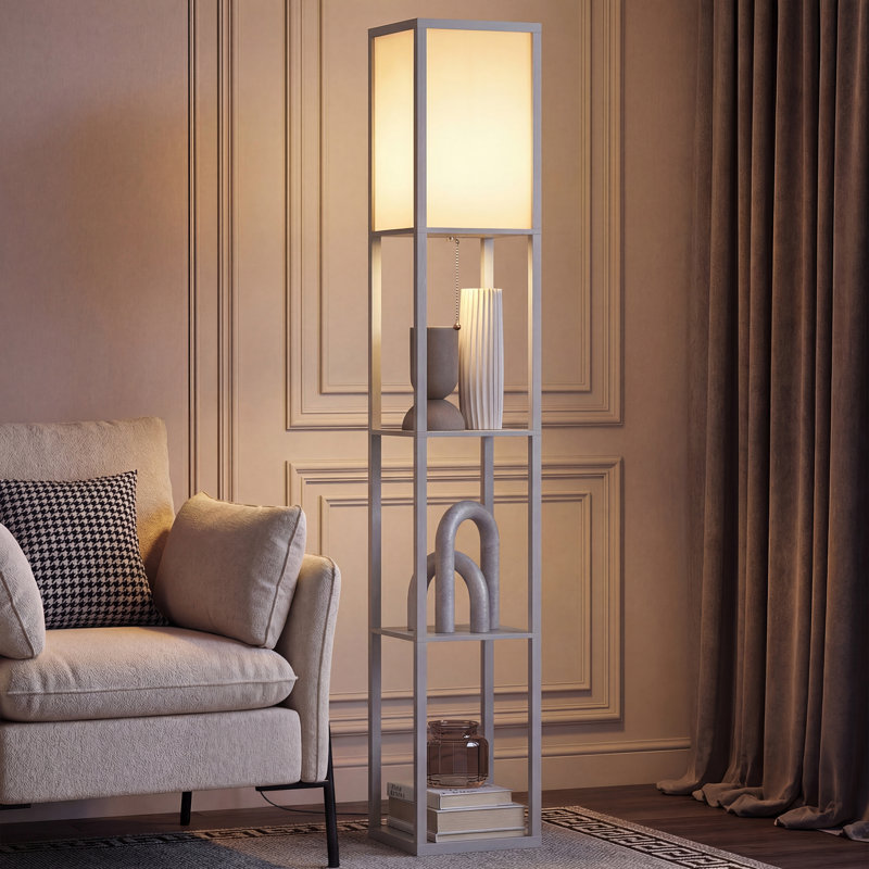 Retweet Floor Lamp Reading Lamp with 3-Tier Storage Shelf for Home Office, 3000K, Grey