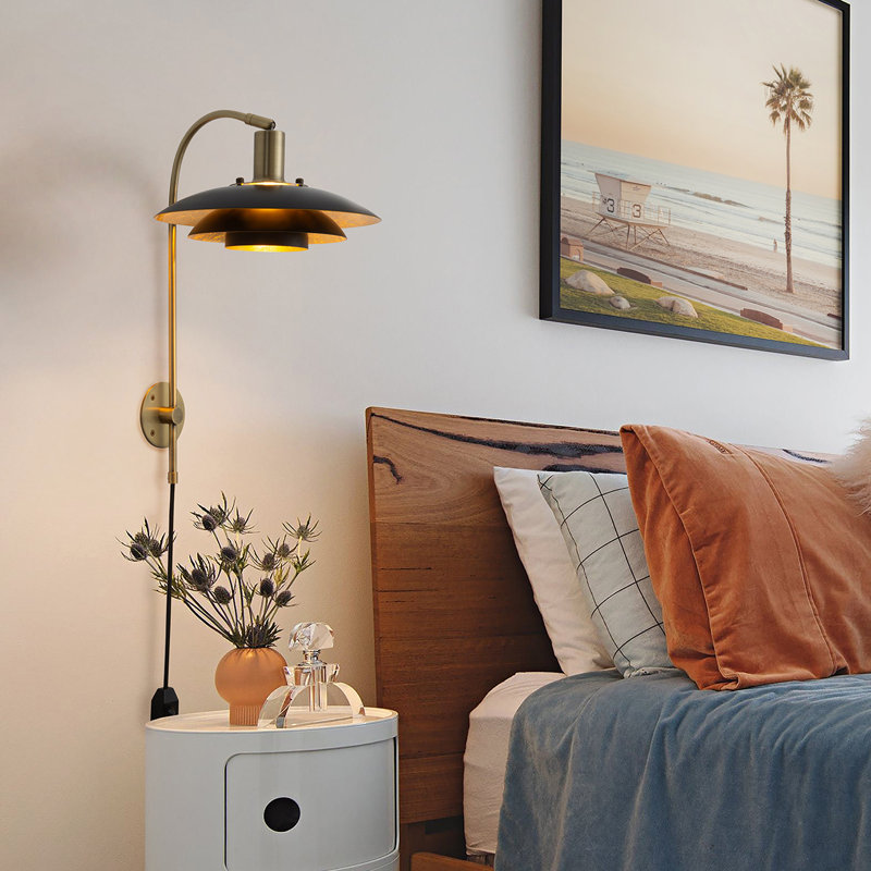 Rancho Mirage Wall Sconce - Matte Black & Gold-Leaf Shade, Weathered Brass, Plug-in