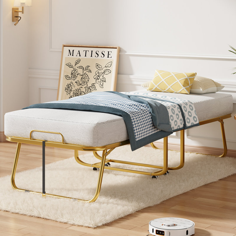 Lit pliant contemporain en métal de 38 po de largeur avec matelas de 4 pouces, lit simple escamotable pour les invités, lit portable peu encombrant