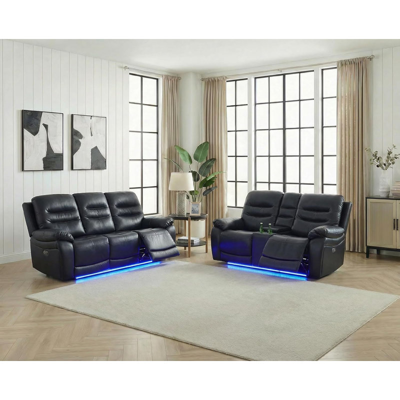Ensemble de canapé inclinable électrique en cuir 2 pièces avec lumière DEL, port USB et console de rangement, Bleu minuit