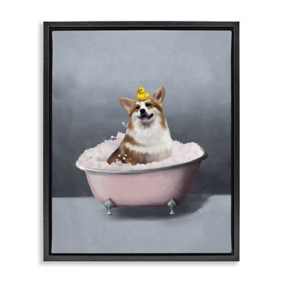 Corgi in Bath Framed Floater Canvas Wall Art by Svetlana Aleynikova