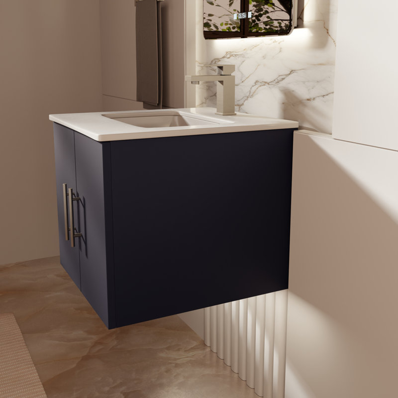 Geneva 24 in W x 22 in D Single Bath Vanity and Chrome Faucet Set, Navy Blue, White Quartz