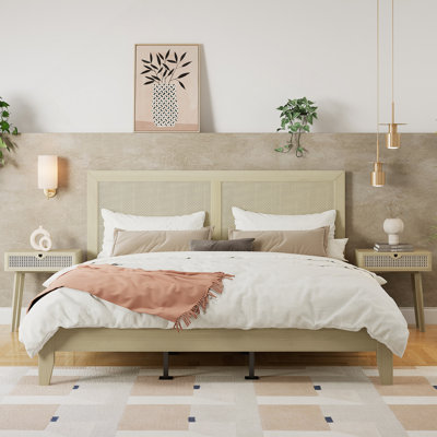 Solid Platform Bed With Rattan