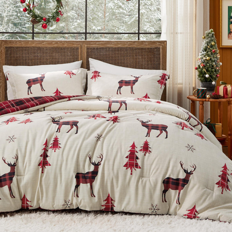 Ensemble d'édredon de Noël Holiday Vibe for Your Home, Édredon pour grand lit + 2 taies décoratives, Renne rouge