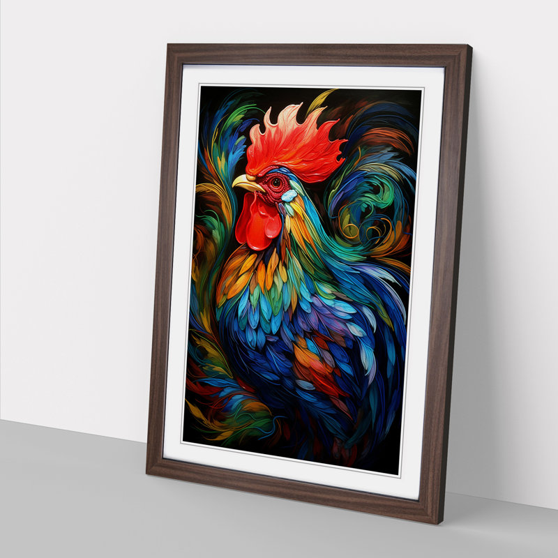 Rooster Abstract - Single Picture Frame Print on Wood, 46cm H x 34cm W x 2cm D, Walnut