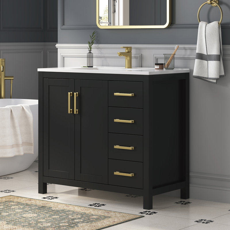 Korde Freestanding Single Bathroom Vanity With Solid Surface Composite Top, 37", Black