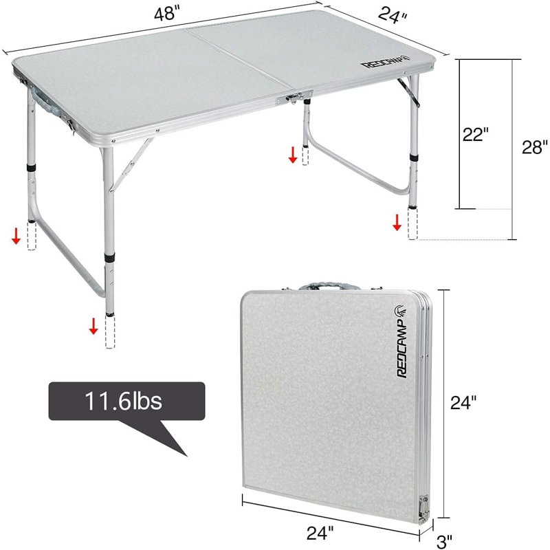 Table de camping pliante à hauteur réglable avec cadre en aluminium et plateau en MDF, table de pique-nique et de terrasse portative
