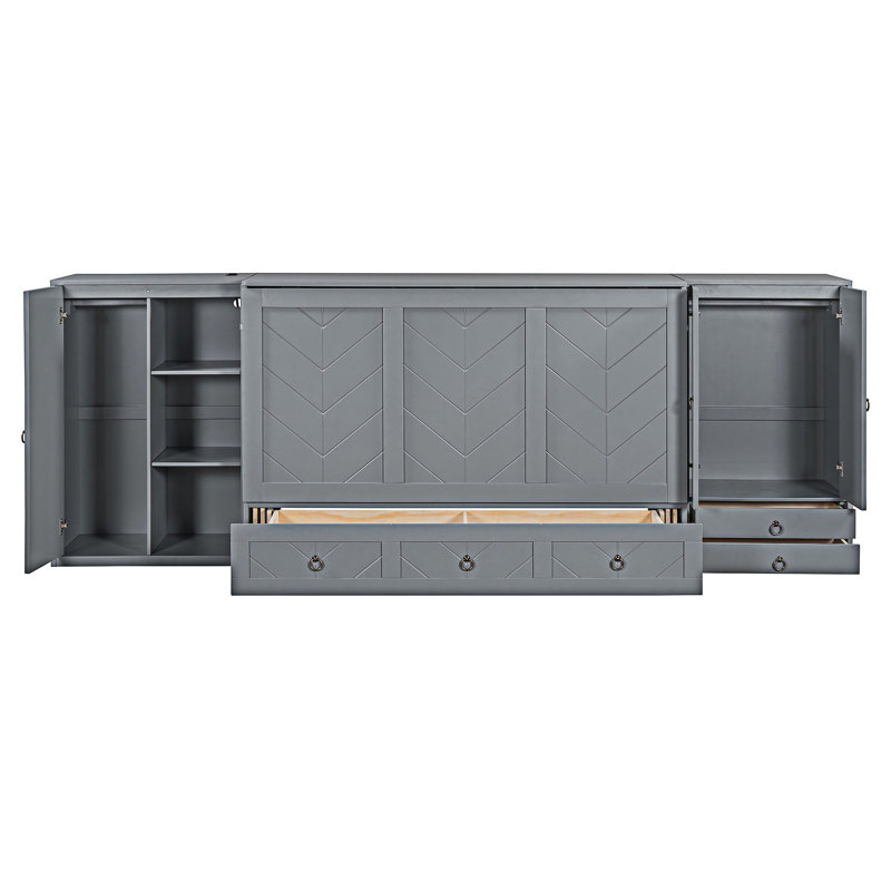 Lit escamotable avec port USB, petites armoires et tiroirs, gris